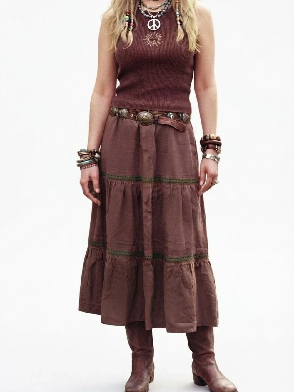 Modern / Y2K Era (RN 54023) Unbranded Tiered Maxi Skirt Brown Small Medium